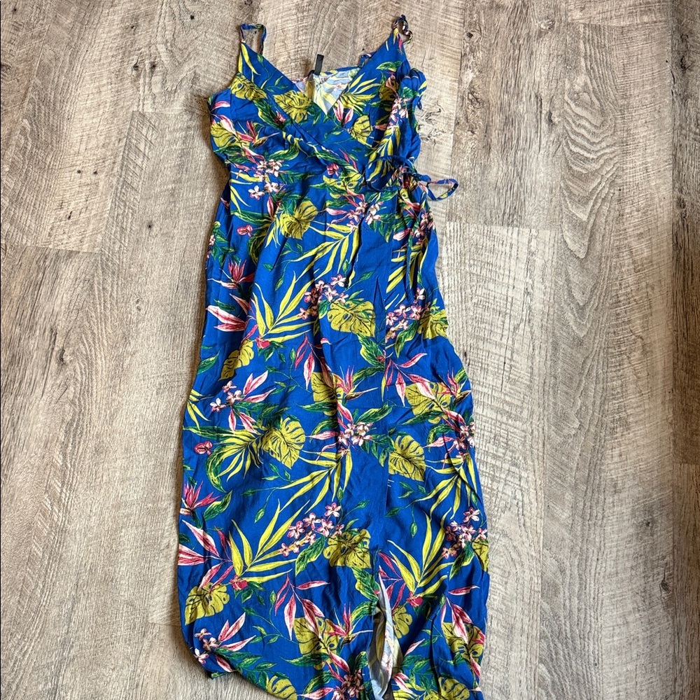 H&M Blue Maxi Dress with Green and Pink Tropical Print